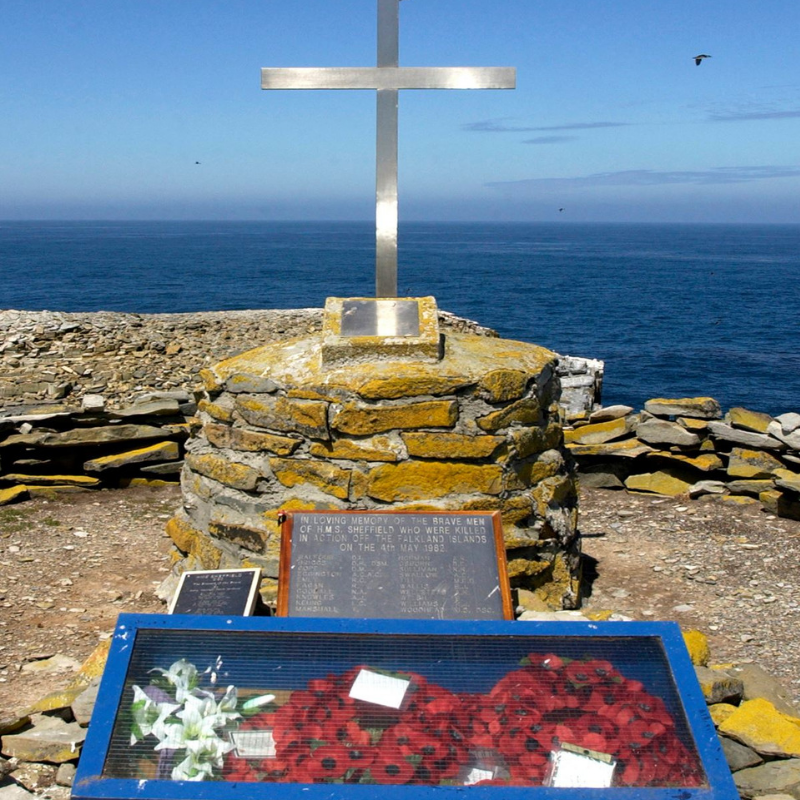 RoyalNavy's tweet photo. #OTD 37 years ago we lost our first ship in a successful attempt to liberate the Falkland Islands. Her fallen are honoured on numerous memorials but most poignantly on Sea Lion Island where a cross looks out over the South Atlantic. https://t.co/eRxz2PLVlg
