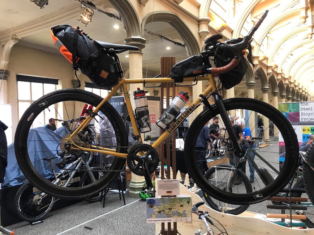 Conway_Sean's tweet photo. My #europecyclerecord bike is at Bespoked bike show in Bristol. Go and have a chat with Simon Stanforth. I’m super proud at the bike we’ve built together. #steelisreal https://t.co/eUJ4q5ELKg