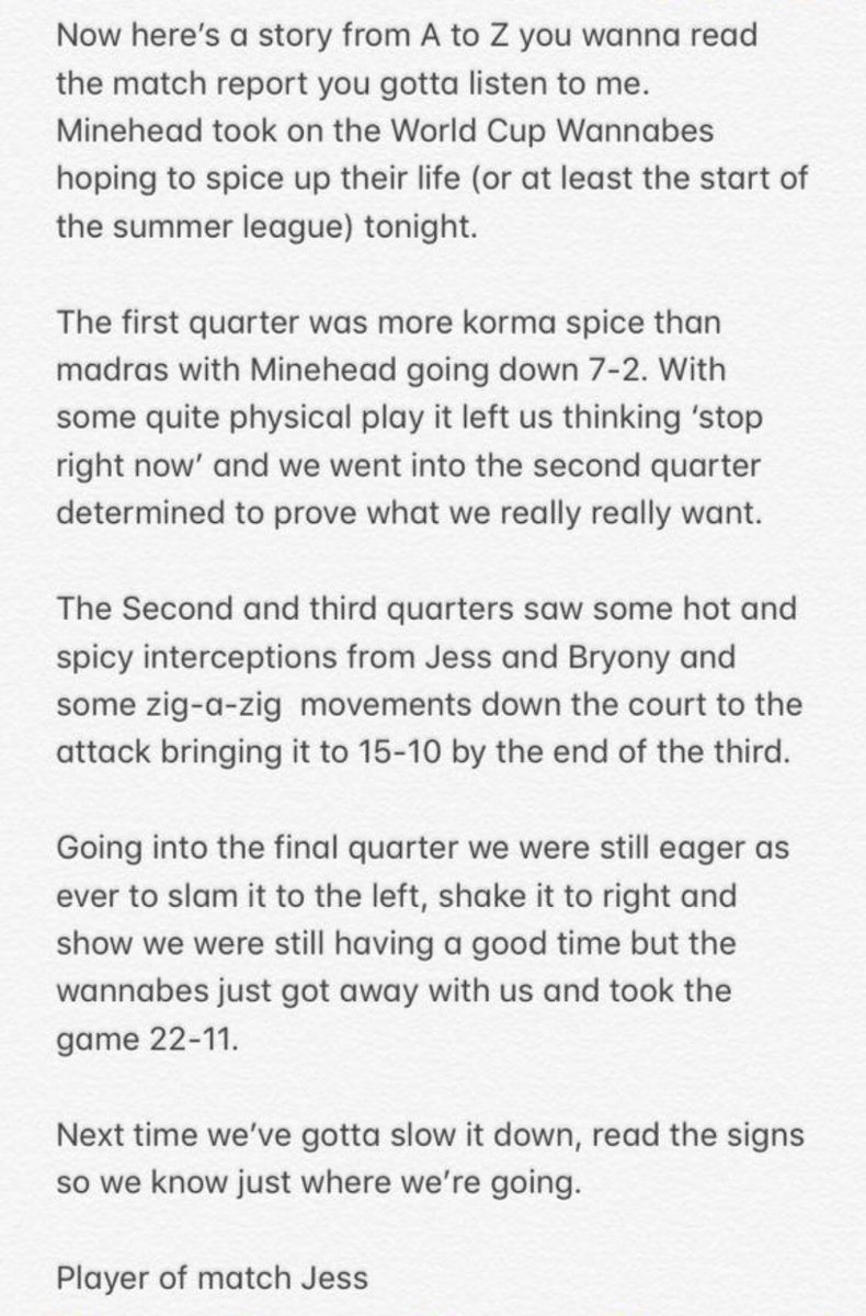 Here’s our report for Thursdays match! 

Minehead V World Cup Wannabes 👯‍♀️

Zig-a-zig ah 

🏐🏐🏐🏐