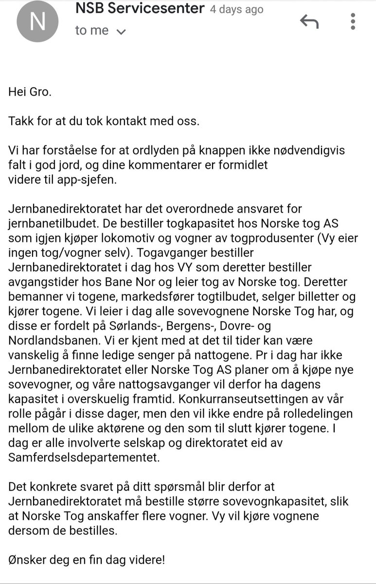 Jeg sendte epost til <a href="/vygruppen/">Vy</a> og etterspurte flere sovevogner på nattoget. Svaret sier vel egentlig alt om hvordan <a href="/Regjeringen/">Regjeringen</a> har fragmentert togtilbudet i Norge. Hva koster det å ha alle disse selskapene, egentlig? #VY #NSB #tog Ja til flere sovevogner!