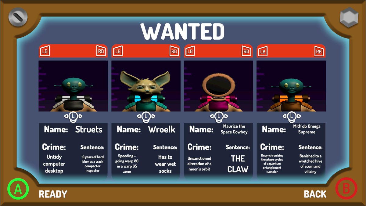 A preview of the character selection screen in #Cosmechanics!

Names, crimes, and sentences are randomly generated, while players can customize their character's head and suit color. 

#gamedev #indiedev #Unity3D #gamedevelopment #gameart #programming