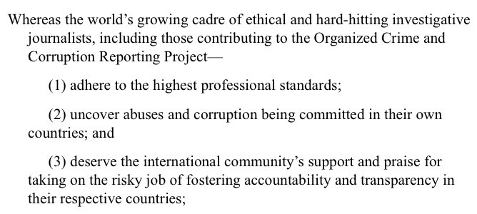 OCCRP's tweet photo. OCCRP is prominently mentioned in US House and Senate resolutions honoring #WorldPressFreedomDay #WPFD19 https://t.co/7nlEDrcaZf