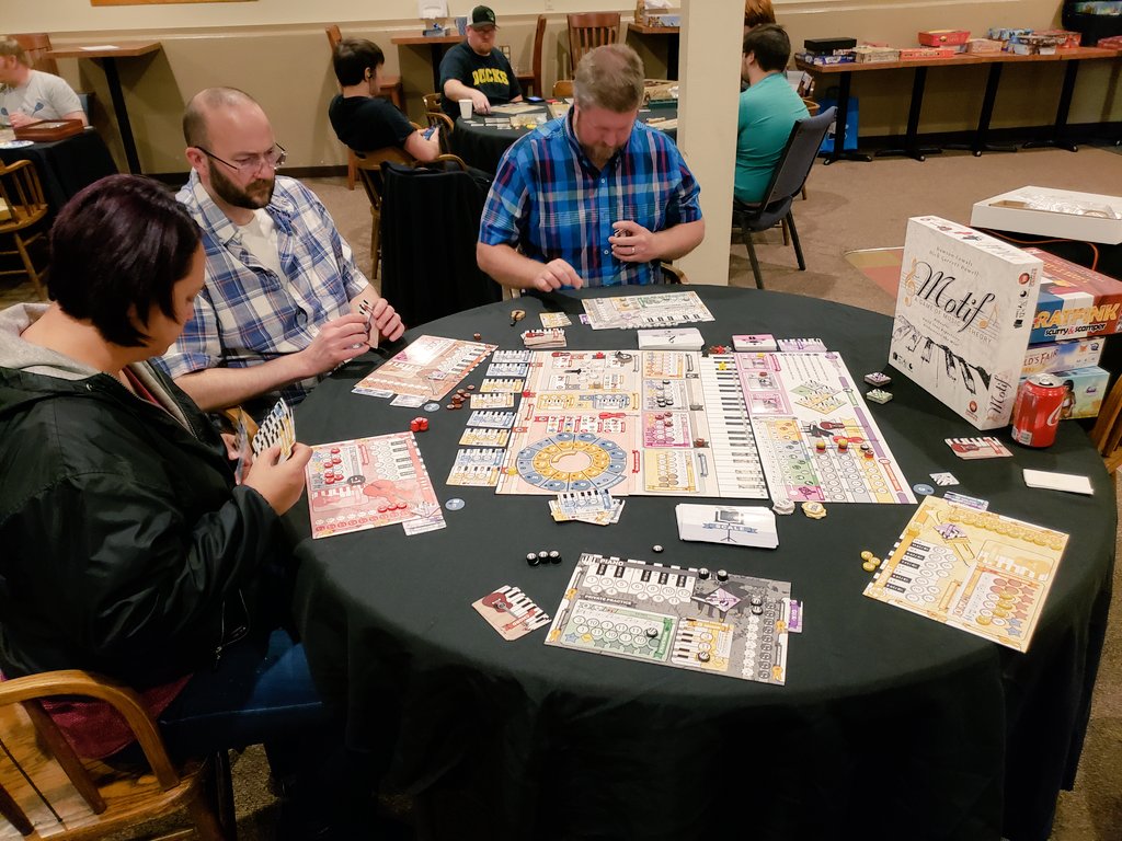CohortVIIIGames's tweet photo. Had a great 5 player game of our musical euro #Motif tonight! Pretty happy with the gameplay but still some room to balance points. #musictheory #workerplacement #setcollection #areacontrol #multiusecards #NoMusicKnowledgeNeededToPlay https://t.co/UuzkRPVsCU