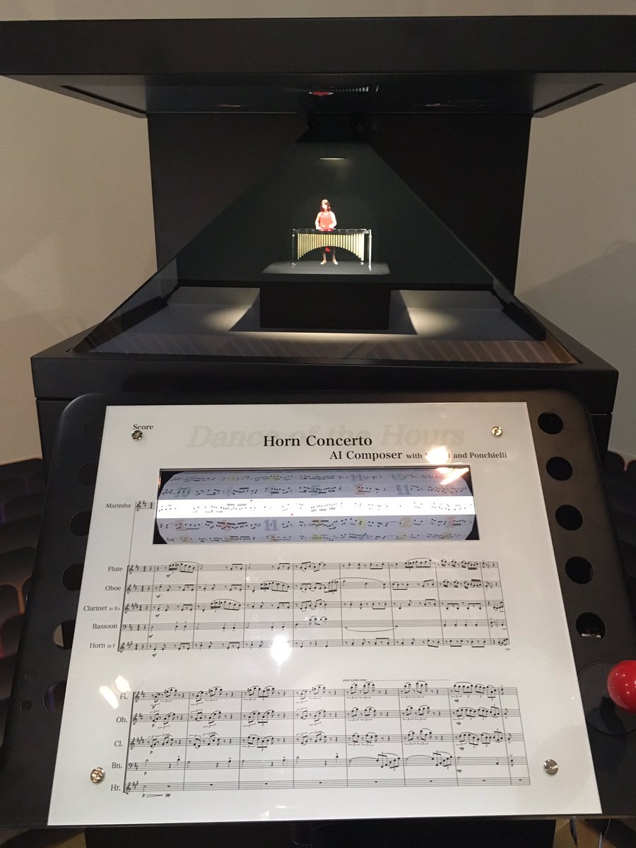 heanect's tweet photo. 明日から出展者が入れ替わってしまいますが、楽しかったブースの紹介♪

「ブース番号2」
理研AIPセンター音楽情報知能チーム

楽譜を操作することで、ホログラムの演奏者の演奏を操作することが出来るマシーン！ https://t.co/ZvJbJOTAW1