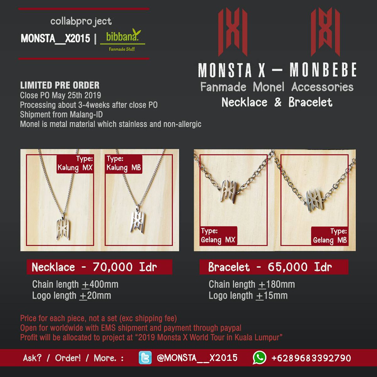 [D-5][PROJECT] [PRE ORDER] Fanmade Accessories :Necklace &amp; Bracelet ❤
 2 version : Monsta X &amp; Monbebe

We open worldwide shipping!
Ended Pre Order on May, 25th 2019.

Profit will be allocated for #MONSTAXinKualaLumpur 
More info &amp; order check picture: 👇