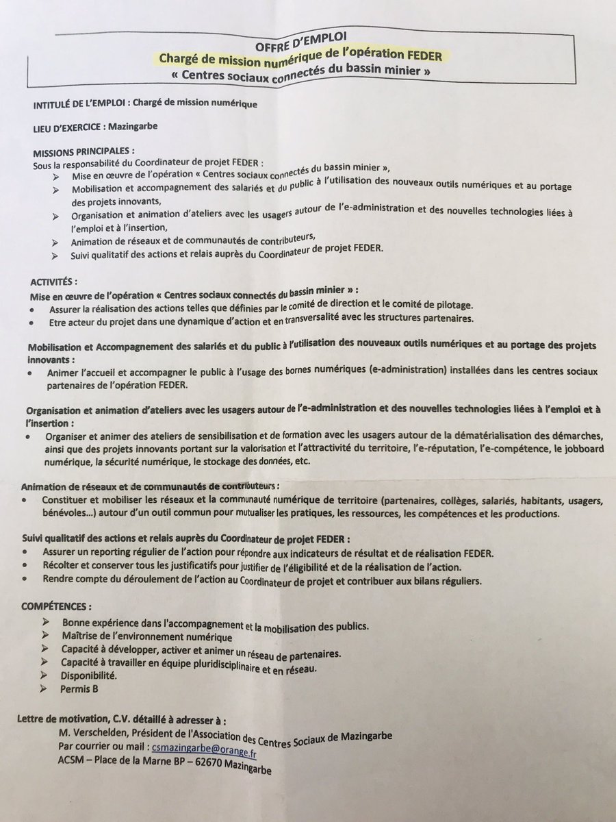 Adm_nEasy's tweet photo. L’association des #CentresSociauxdeMazingarbe #recrute : #ChargédeMission #numérique de l’opération #FEDER Envoyez Lettre de Motivation + CV à M. Verschelden, Président de l’association csmazingarbe@orange.fr
ACSM - place de la Marne BP - 62670 Mazingarbe https://t.co/kBF8v6P2YQ