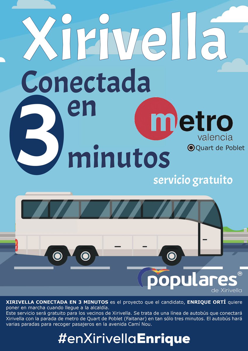 ➡️ Una de las grandes reivindicaciones de Xirivella es el metro. Por eso me comprometo como alcalde a que Xirivella esté conectada con el metro mediante un nuevo servicio de autobús GRATUITO 🚌🚇 hasta que el metro llegue a Xirivella. #EnXirivellaEnrique 💙