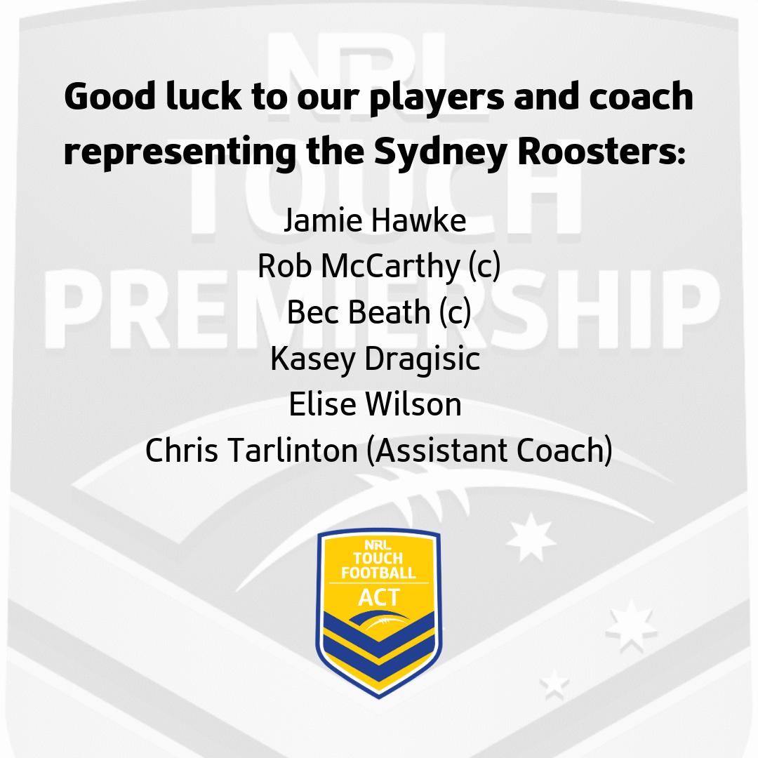 TouchACT's tweet image. Good luck to our ACT representatives playing (and coaching) for the Sydney Roosters in tomorrows #NRLTouchPremiership. Tune into @FOXNRL  or @kayosports at 10am (AEST) to watch the @sydneyroosters take on @NZWarriors