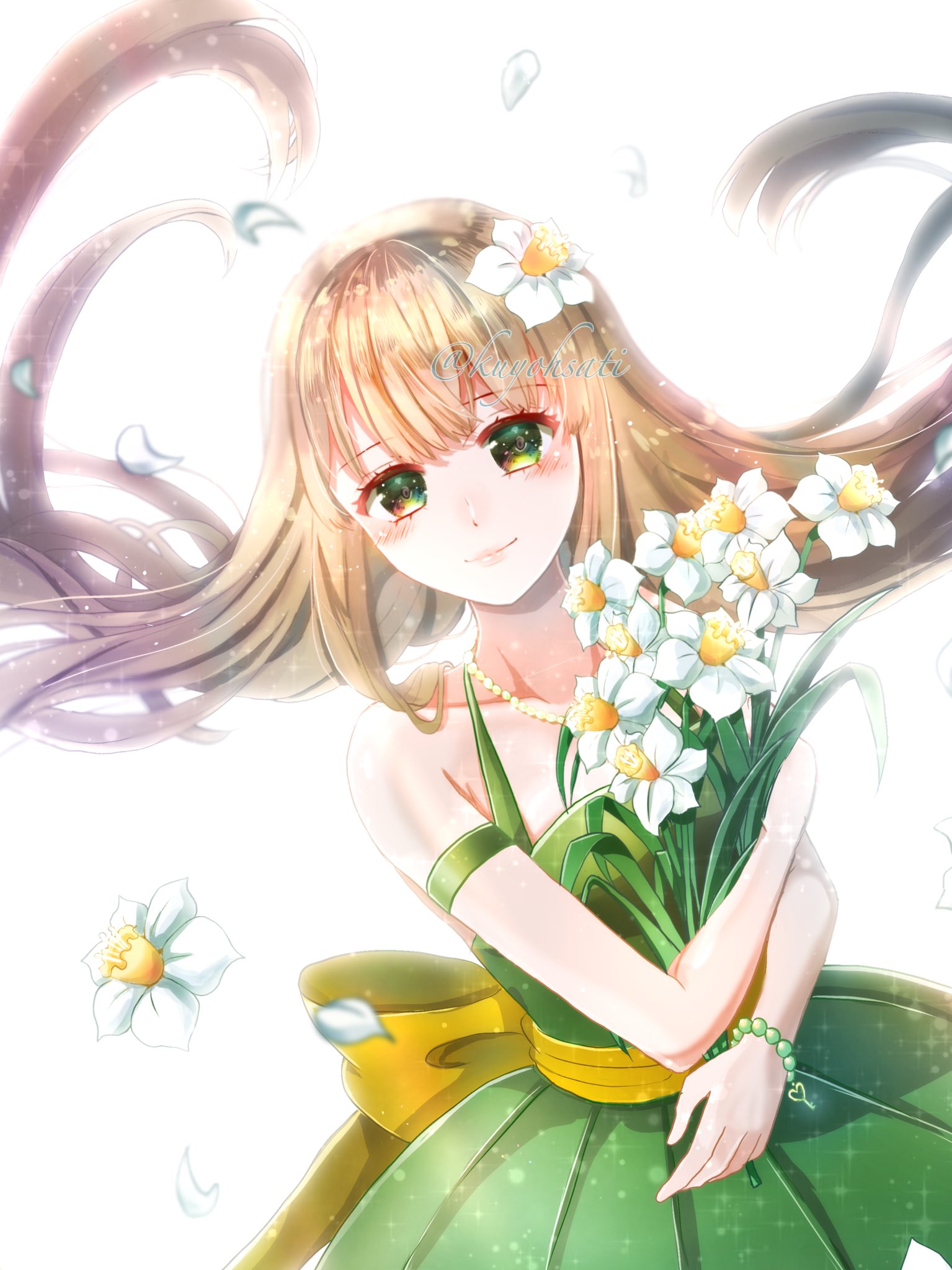 九曜 紗千 Ar Twitter 水仙と少女 水仙の花言葉を調べたら 自己愛や自惚れなどあまりいいイメージではない言葉もありましたが 希望 の象徴として愛されてる花でもあるんですね また挑戦したくなりました 水仙 イラスト 花 光 金髪 緑目 ドレス