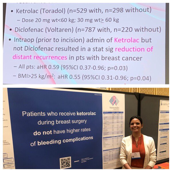 Ketorolac doesn’t ⬆️ risk of bleeding in #BreastSurgery, AND giving prior to incision may ⬇️ #BreastCancer recurrence, more evidence for multimodal analgesia to improve both pt satisfaction AND #cancer outcomes #ASBrS19 <a href="/ASBrS/">ASBrS</a>  <a href="/fortes_md/">Thais Fortes</a> <a href="/DrPatrickBorgen/">Patrick Borgen, MD</a> @MaimonidesMC #BCSM