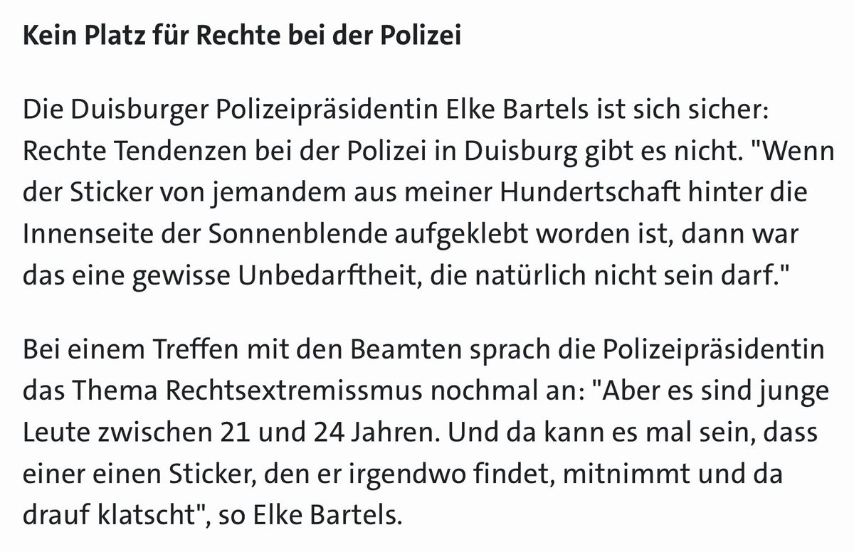 Duisburger Polizeipräsidentin zu Nazi-Sticker im Dienstwagen:
„Es sind junge Leute zwischen 21 und 24 Jahren. Und da kann es mal sein, dass einer einen Sticker, den er irgendwo findet, mitnimmt und da drauf klatscht“
Knallharte Fehlerkultur, so sieht sie aus. Nicht!