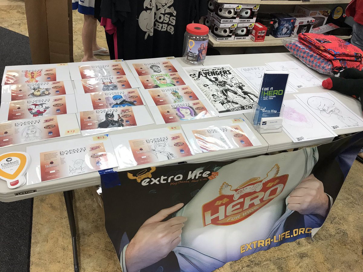 UnskilledCmdr's tweet photo. Happy Free Comic Book Day! Im raising money for @ChildrensPgh through my @ExtraLife4Kids campaign. Thanks to New Dimension Comics for letting me set up. Next week is the big chairty art auction. #ndcomics https://t.co/1oNsKLcske