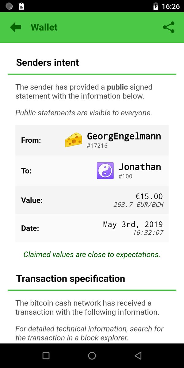 monsterbitar's tweet photo. Note: this is a mockup.

This is how I want a wallet to show me what happened when I inspect a transaction. To get there, I am working on a public protocol (#CashIntents) that lets senders attach metadata to their transactions.

The data will be signed, and if possible, encrypted https://t.co/fjm8sDcBGw