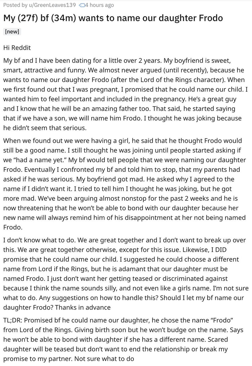 My (27f) bf (34m) wants to name our daughter Frodo