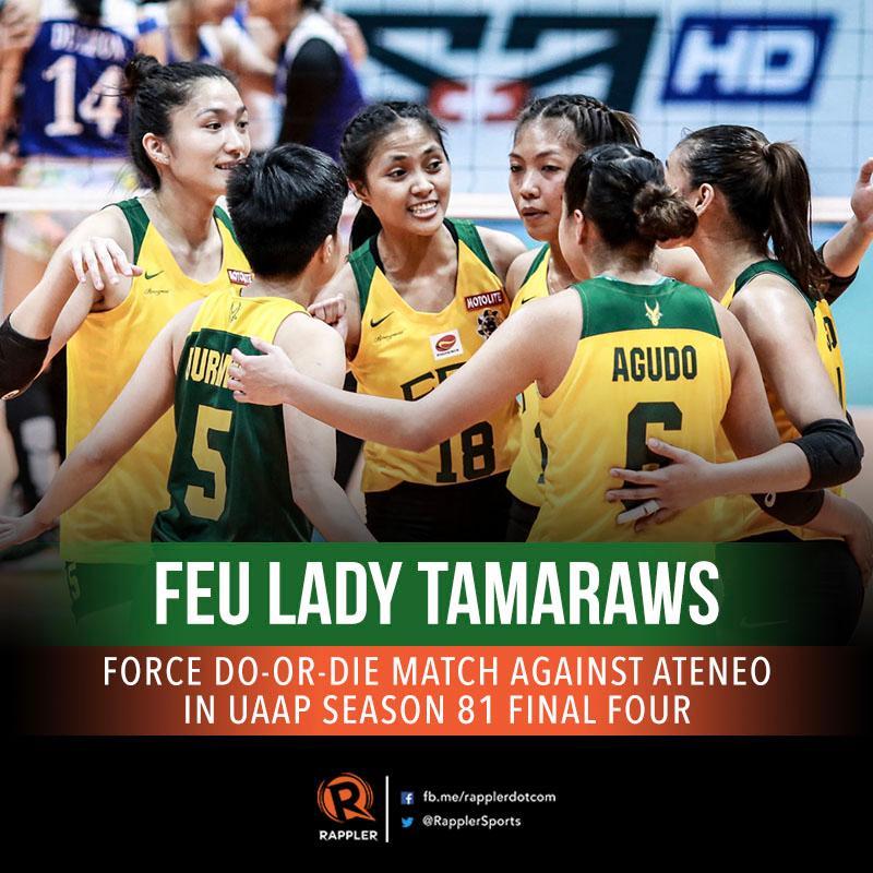 🏐 BREAKING NEWS 🏐

Fourth seed FEU Lady Tamaraws force a do-or-die match against top seed Ateneo Lady Eagles after winning in 5 sets, 10-25, 25-23, 25-22, 12-25, 15-8. #UAAPFinalFour #SoarHighEagles #FEUHanggangDulo

HIGHLIGHTS: rappler.com/sports/univers…