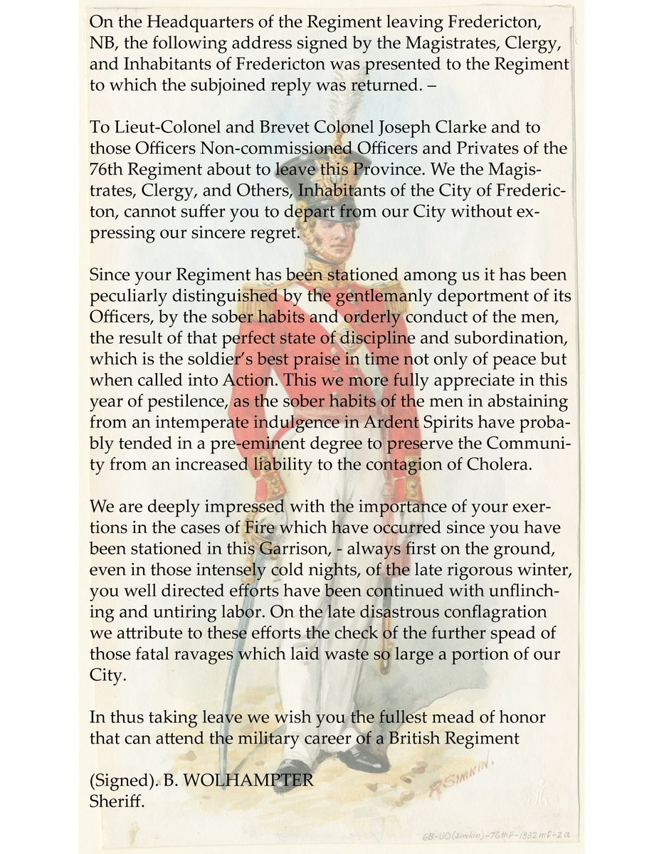 Jeandron's tweet photo. Did you know...Since 1784, British Forces have seen the birth of New Brunswick's capital. They've been instrumental in ensuring Fredericton was a safe place to live & grow. Here's a letter from the City to the departing CO of the 76th Regiment of Foot in 1856. #SaveOfficersSquare https://t.co/nD9xJwRF61
