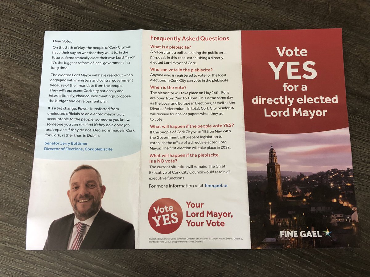 michaelrmulcahy's tweet photo. Every household in Cork City will receive a booklet from the Referendum Commission explaining all the aspects of the plebiscite on May 24th which will ask the people of Cork City to vote on a Directly Elected Lord Mayor #ourfuture #corklocal #corkglobal @FineGael @jerrybuttimer https://t.co/lBZfTp3LQk