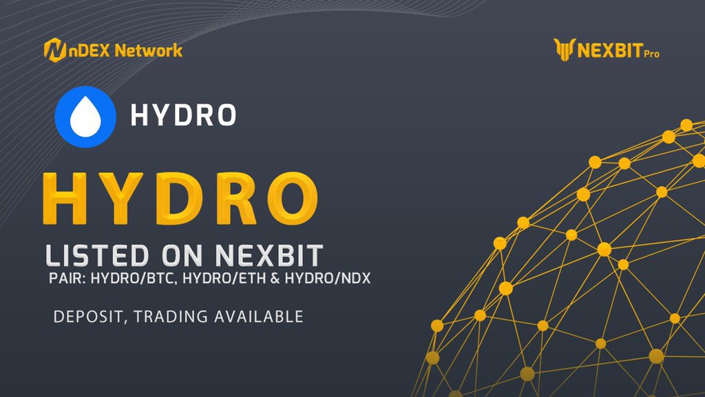 NdexOfficial's tweet photo. We're excited to announce that $HYDRO is listed on https://t.co/XZZVrjMxTf HYDRO/BTC, HYDRO/ETH, HYDRO/NDX pair is made available for you to enjoy trading with your pair of choice ✌🏻

#nEXBit #nDEXNetwork $HYDRO $NDX $NDT https://t.co/hGZJiZm53a