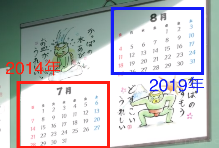 Team解読 カレンダーの日付がズレている 7月のカレンダーは 14年 の日付を表しており 8月の日付は 19年 の日付 この時系列のズレは一体 7 31が木曜日なのは 14年 8 31が土曜日なのは 19年 さらざんまい さらざんまい考察