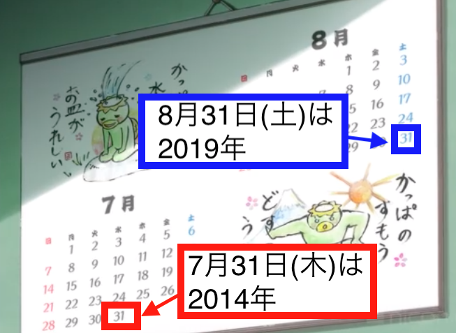 Team解読 カレンダーの日付がズレている 7月のカレンダーは 14年 の日付を表しており 8月の日付は 19年 の日付 この時系列のズレは一体 7 31が木曜日なのは 14年 8 31が土曜日なのは 19年 さらざんまい さらざんまい考察