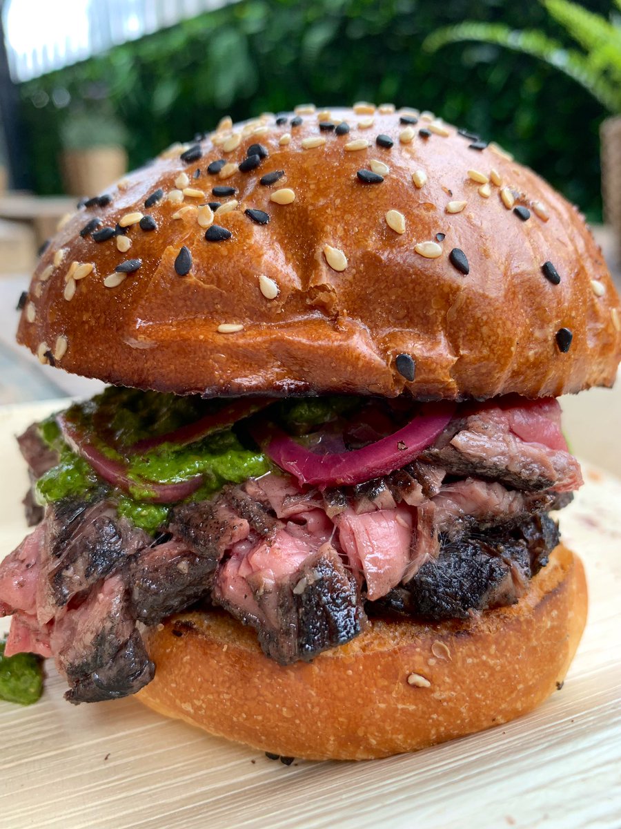 Grilled and chopped <a href="/DunwoodFarm/">Dunwood</a> Angus Bavette Bun with wild garlic, fermented chilli and mustard mayo, epazote pickled onion. On till it’s gone at <a href="/DigbethDiner/">Digbeth Dining Club</a> today.