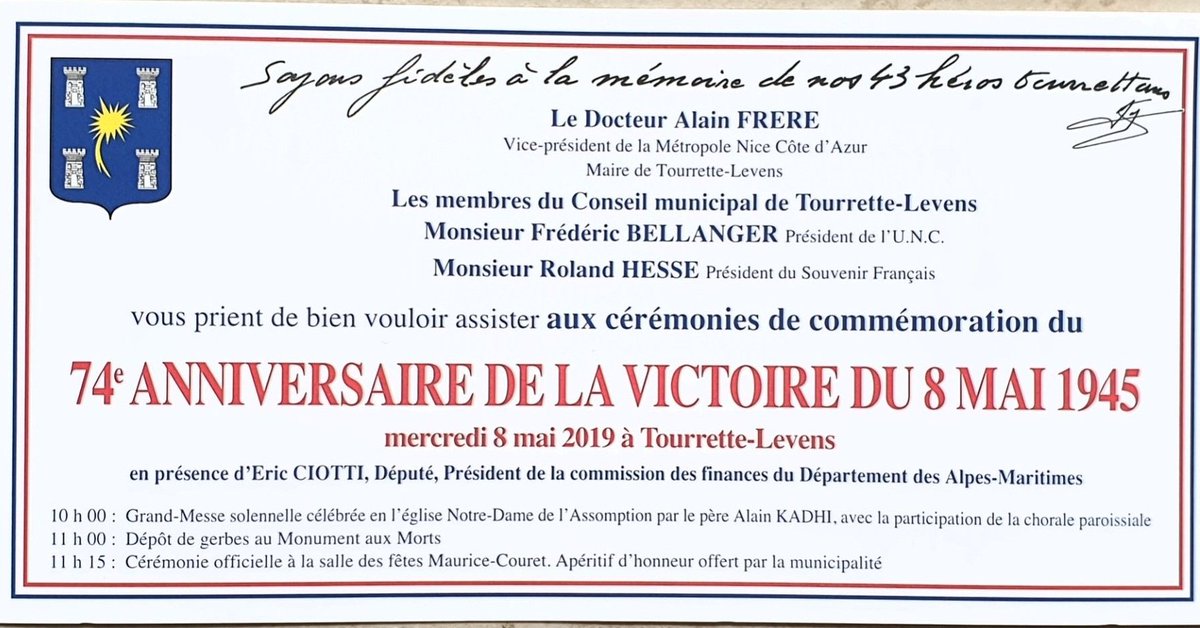 #ceremonie de commémoration de la #victoire du #08mai 1945 à <a href="/TourretteLevens/">TourretteLevens</a> à 11h00
<a href="/SF_Siege/">Le Souvenir Français</a>