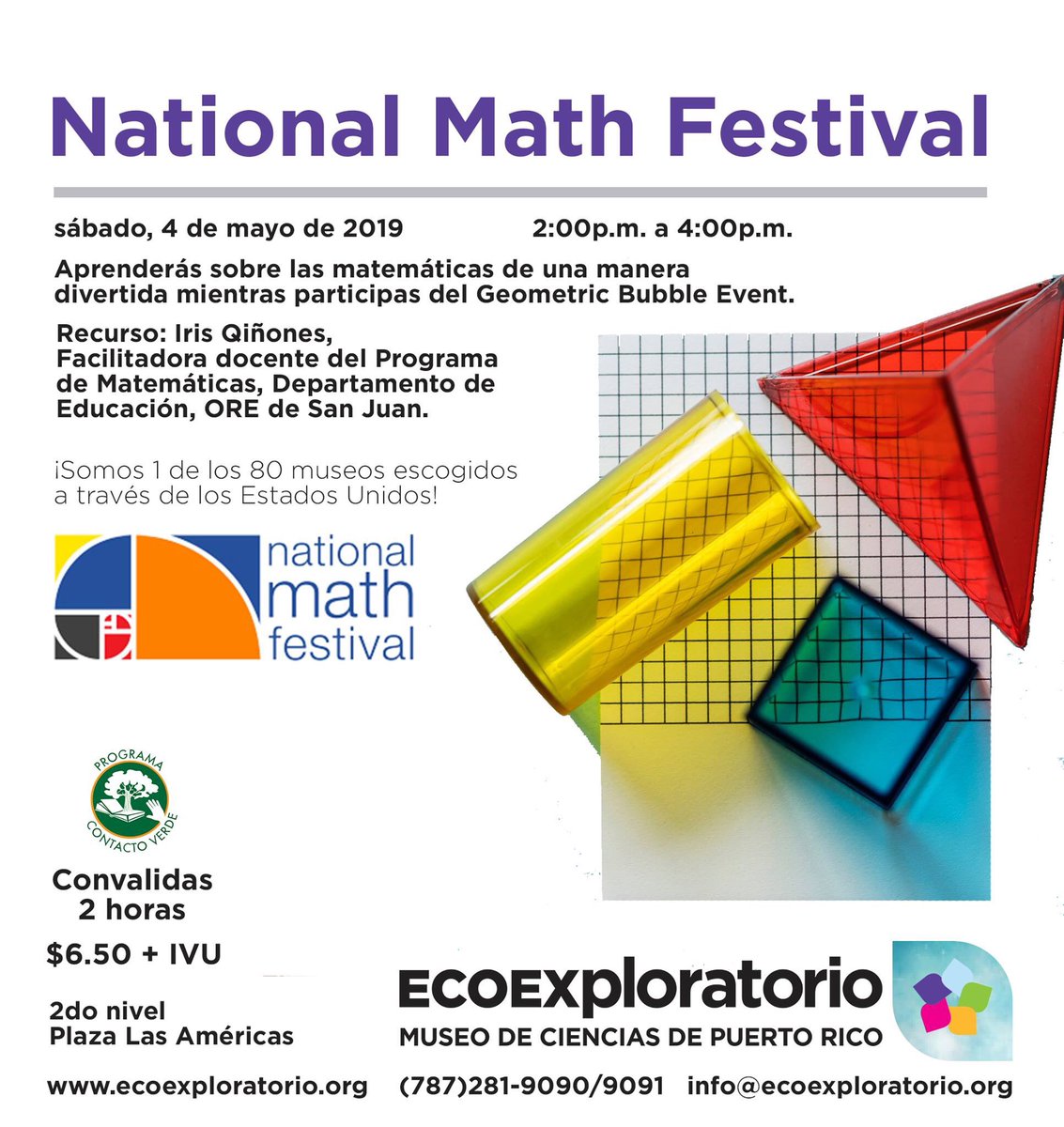 ¿Qué vas a hacer con los nenes 👧🏻🧒🏻👦🏻👩🏻 hoy? Ven al National Math Festival #2019nmf que se celebra hoy en PR 🇵🇷 exclusivo en @EcoExploratorio ¡Tendremos <a href="/Zometool/">Zometool</a> burbujas, cubos, cuadrados, tetraedros, figuras geométricas y más! 2do nivel Plaza Las Américas 🙋🏻‍♀️❤️🔺 #STEM