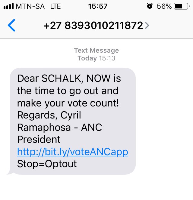 Scharl's tweet photo. ⁦@CyrilRamaphosa⁩ thanks for the personalised message. I would love to vote for you. I think you are the man for the job, but I cannot. It’s not you it’s the ANC that is the problem https://t.co/pnzYKy77ES