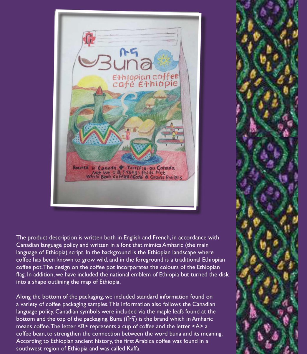 Linguascaping's tweet photo. 🇨🇦 meets 🇪🇹. Designed by Hamdi, Lucheng &amp; Dalia, the packaging design reflects Canada’s official language policy 🏴󠁧󠁢󠁥󠁮󠁧󠁿 🇫🇷 requirements, while incorporating elements of Ethiopian culture. #Linguascaping Toronto Magazine,p. 23 ⁦@Our_languages⁩ https://t.co/immcWi4TCF