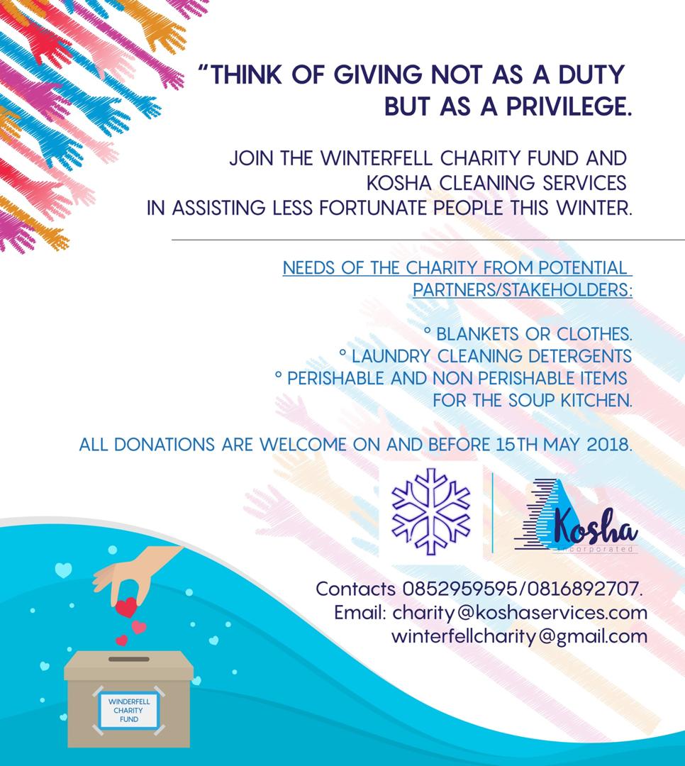 KoshaCleaning's tweet photo. Join The Winterfell Charity Fund and Kosha Cleaning Services in assisting less fortunate people this winter.❄
#WinterIsHere #WinterIsComing #winterfell #winterdonation #kosha #givingback #charity https://t.co/McrJ6kft7N