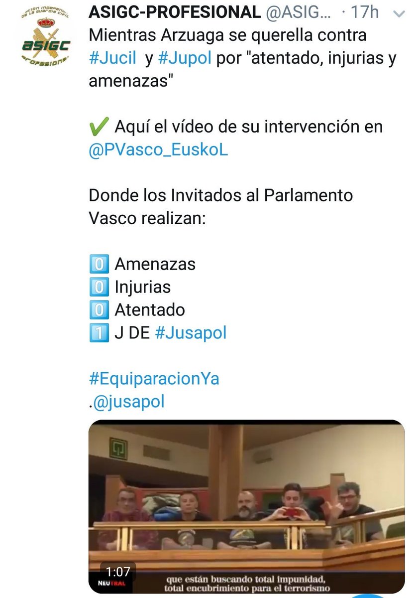 Desde #JUCIL agradecemos a <a href="/ASIGC_/">ASIGC-PROFESIONAL</a> su apoyo a los compañeros que sufrieron el ataque, los insultos y desprecios de un Parlamentario de Bildu.

A los que llamó nazis, fascistas y genocidas, entre otras lindezas.

#EquiparacionYa
#StopLeyAbusosPoliciales 
x.com/ASIGC_/status/…