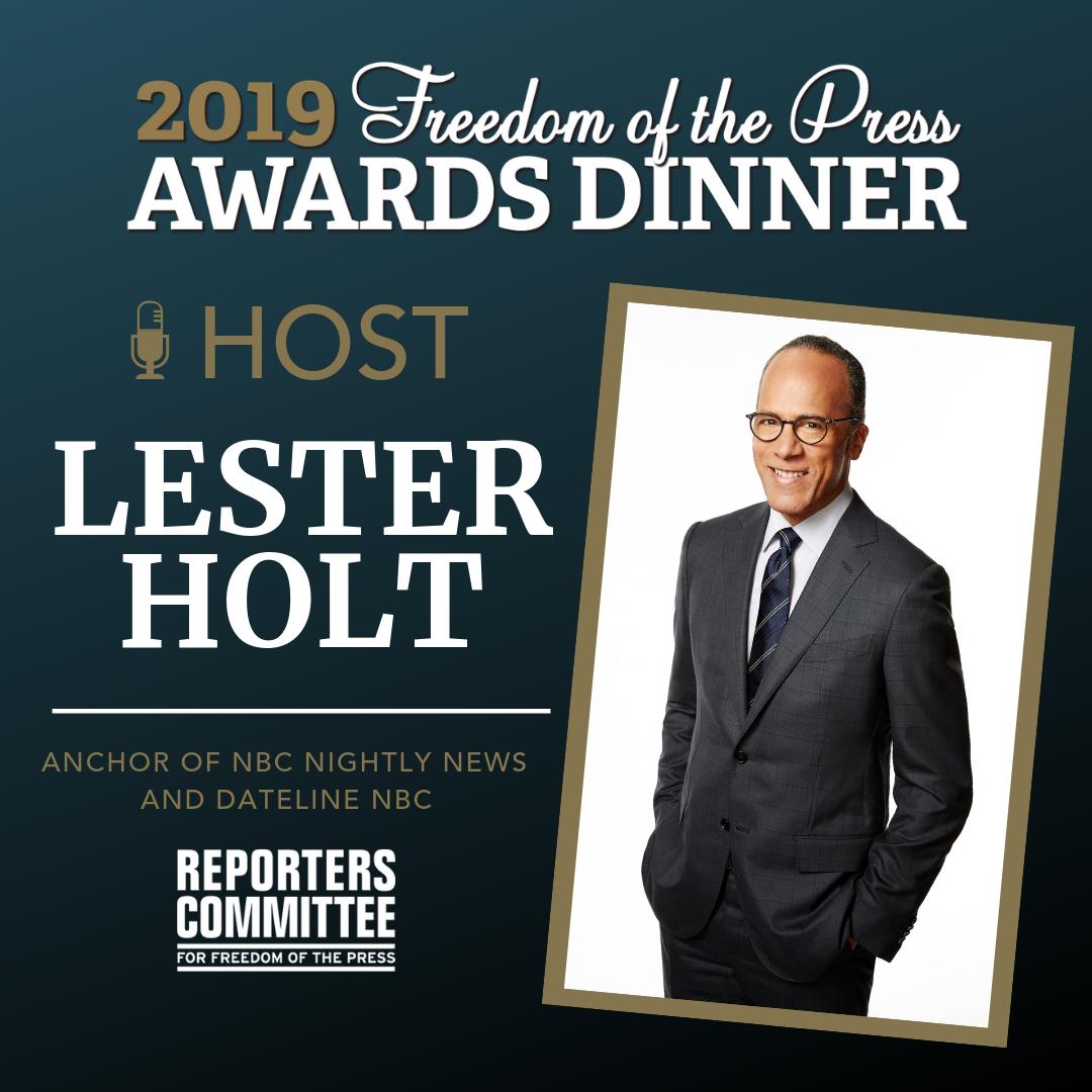 rcfp's tweet photo. You can typically catch @LesterHoltNBC on @NBCNightlyNews, but on May 7, you can catch him hosting @rcfp's 2019 Freedom of the Press Awards in NYC! Join us on Tuesday to celebrate #pressfreedom & the #FirstAmenment at the #RCFPAwards19. https://t.co/K1kgIvFDmi https://t.co/YbNslZFUML