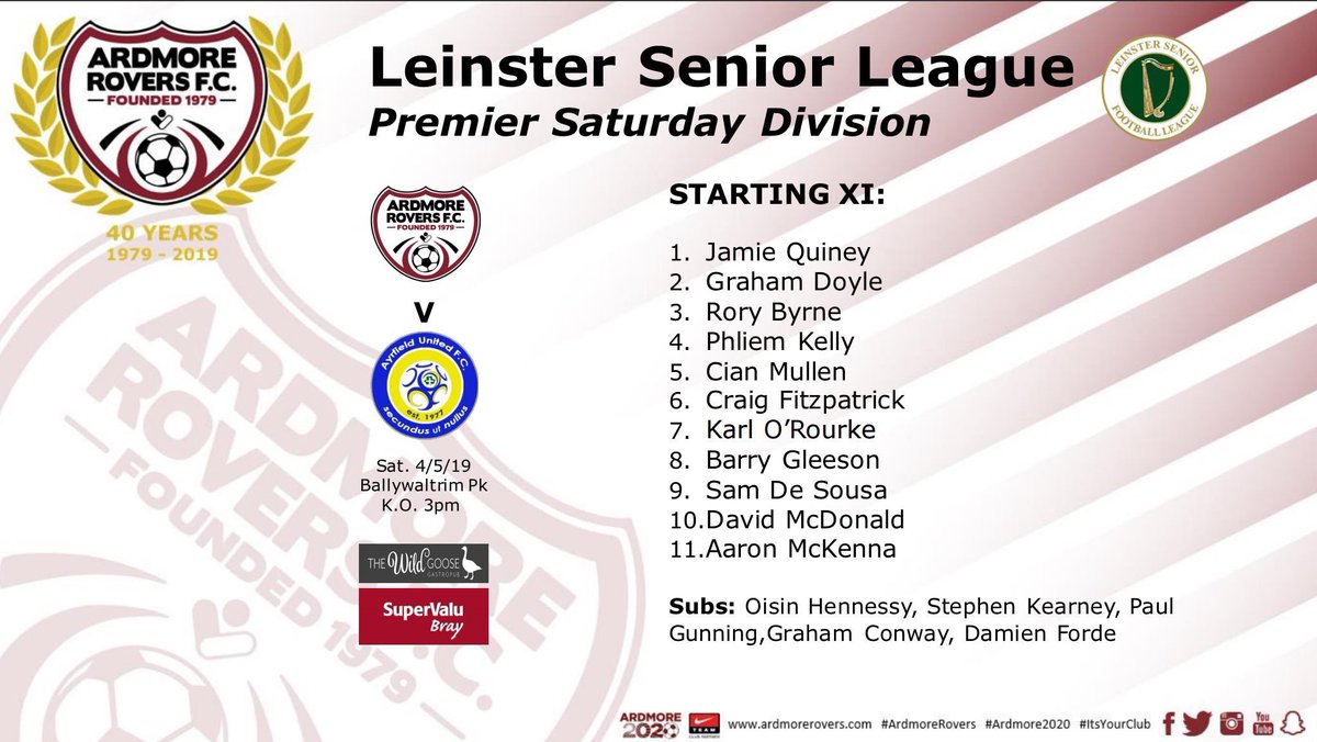 ArdmoreRoversFc's tweet photo. Starting 11 for today’s “Winner takes all” Leinster Senior League Premier Saturday game as both teams chase promotion.

Team Space Sponsor: The Wild Goose
Match Sponsor : SuperValu Bray

#lsllivescore #ArdmoreRovers #ItsYourClub #Ardmore2020 #ChasingPromotion @WeAreAyrfield https://t.co/OeB1eRPMLG