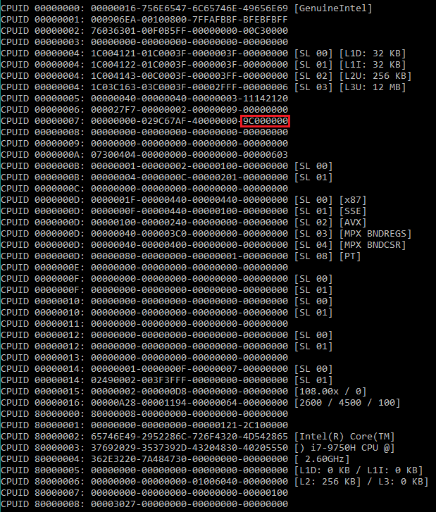 InstLatX64's tweet photo. #Intel Core i7-9750H #CoffeelakeH 906EA CPUID dump added with #SSBD,#L1D_FLUSH,#STIBP,#IBPB,#IBRS
https://t.co/zKebFTMeSF https://t.co/1ckdKPEOtp