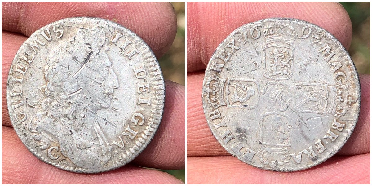 Super day out with the Midweek Searchers. Best find for me, this William III Shilling 1697 Chester mint 🐶👍🏼 #CheersMikey