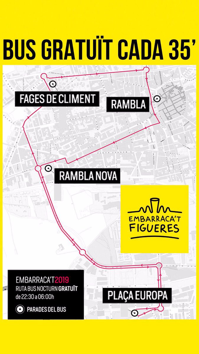 ℹ️👮🏻‍♀️🚙 Última nit de l’<a href="/Embarracat/">Embarraca't Figueres</a>, voleu gaudir-ne amb els amics i tornar a casa tranquils? 

🚌 Utilitzeu el servei de bus gratuït cada 35 minuts amb parades a la Rambla, Rambla Nova i Fages de Climent

#Figueres #SantaCreu19