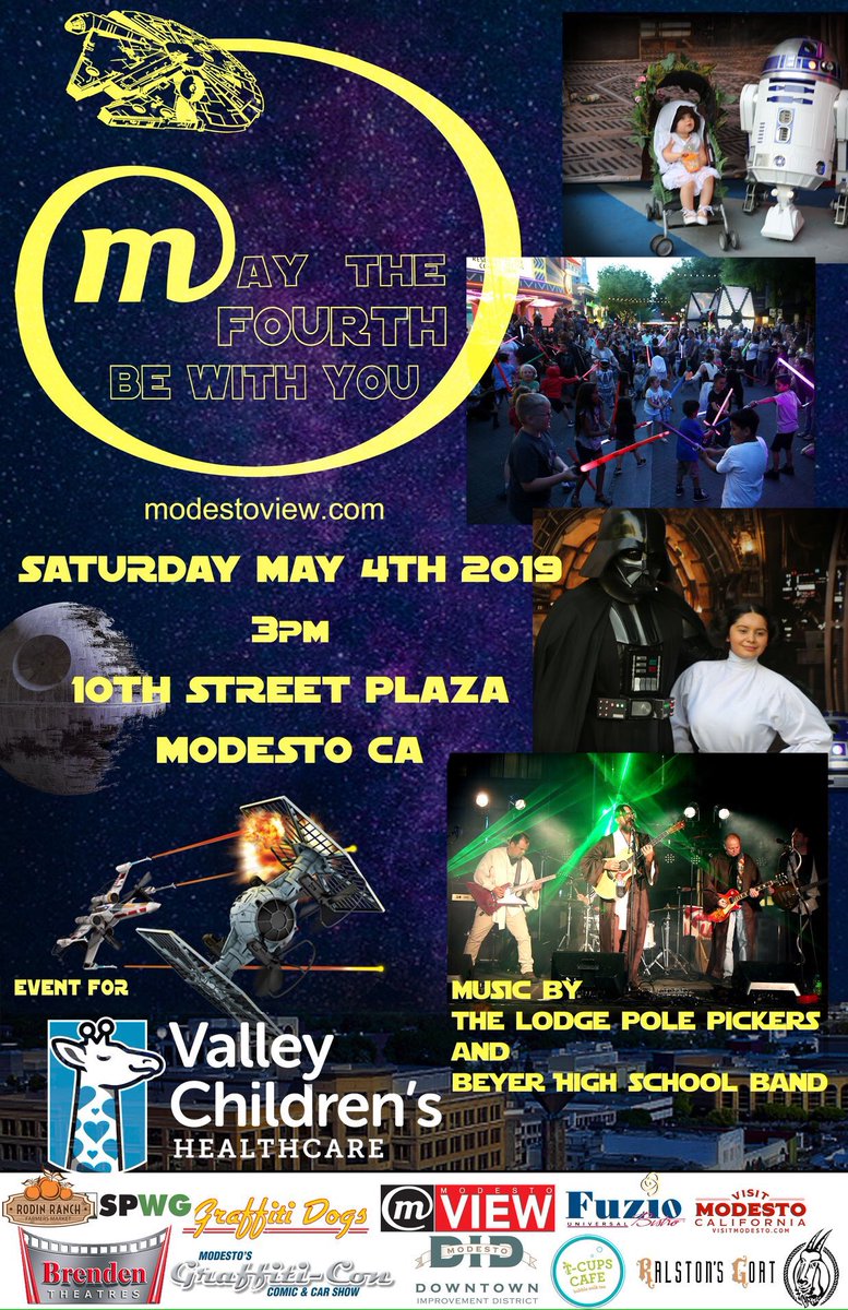 modestoview's tweet image. May the Fourth Be With You
We are bringing out an X-Wing a Millennium Falcon backdrop photo op
4 Death Star Piñata 
5 Beyer HS Band
6 Star Wars Costume Parade 
6:30 Reading of the Official Proclamation.
7-9 pm Lodge Pole Pickers
8 pm Light Saber Battle and Laser/Light Show