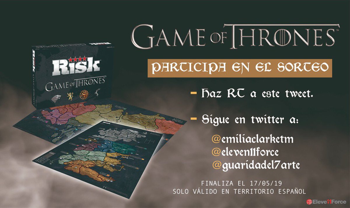 El FINAL de la serie SE ACERCA y queremos celebrarlo con este SORTEO del RISK de JUEGO DE TRONOS. 🔥

‼️ Para PARTICIPAR, tienes que:

➡️ Hacer RT a este tweet.

➡️ Seguir a <a href="/GuaridaDel7Arte/">Guarida del 7º Arte</a>, <a href="/Eleven11Force/">Eleven Force</a> y <a href="/EmiliaClarkeTM/">Emilia Clarke™</a>.

¡Mucha suerte! 😉🍀

#GameOfThrones #PorElTrono