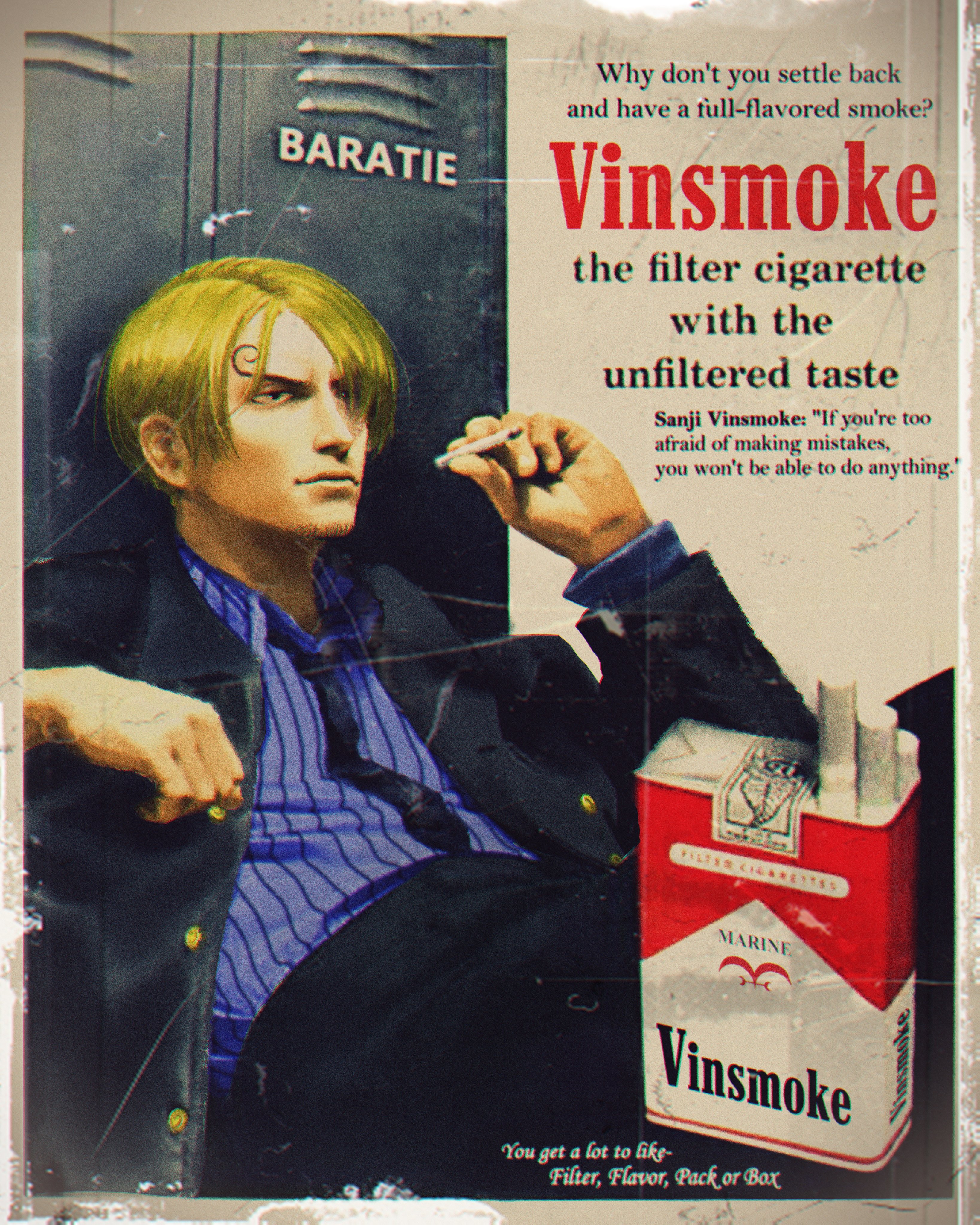 vishnu on X: 𝓢𝓪𝓷𝓳𝓲🥂 So I've been experimenting on doing a mix  between traditional drawing and editing with existing images of old  cigarette ads but with famous fictional smokers, I hope you