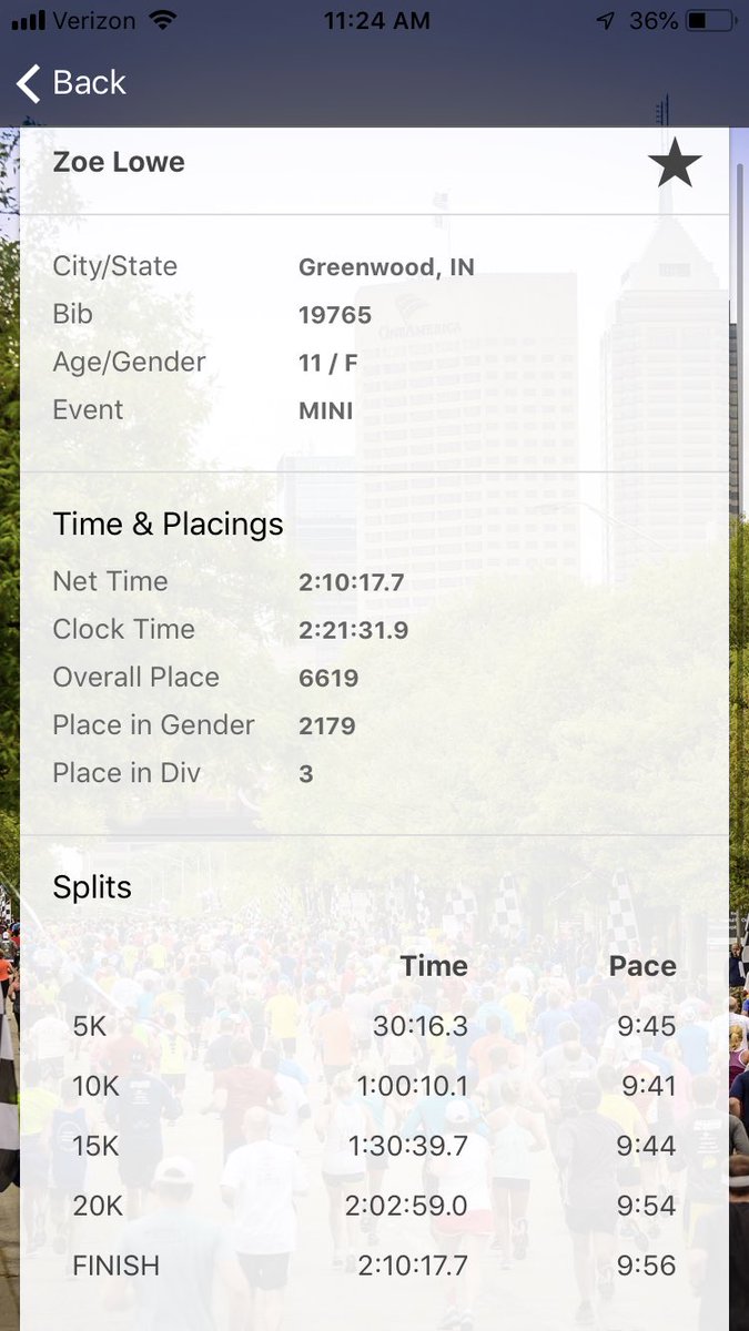 Thequeenoffree's tweet photo. She did it! Zoe Lowe, age 11, 2:10, first #MiniMarathon, 3rd Place age division, @500Festival @wthr #500festival #visitindy #indianapolis #warrior #kidrunner #kidathlete #justdoit @Nike https://t.co/h6z0tzxCnC