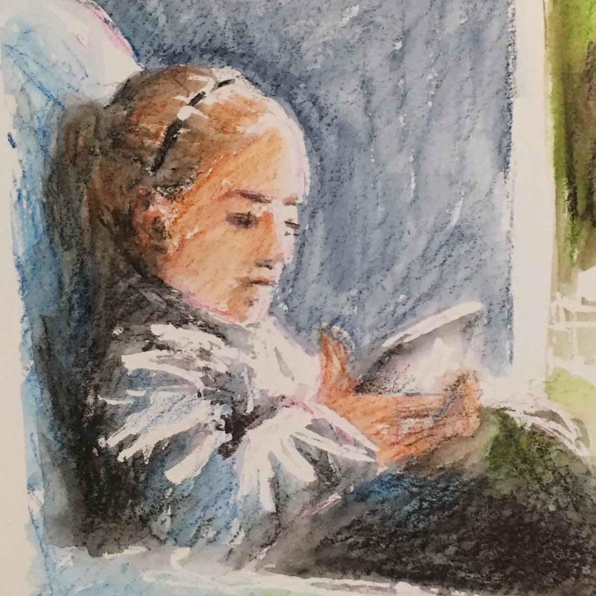 sonyavineartist's tweet photo. That happy scene of a child looking at an iPad. Watercolour and my first use of drawing gum. Detail of 3”x4”
#dailypainting #quickpics https://t.co/u8cidvV7L1
