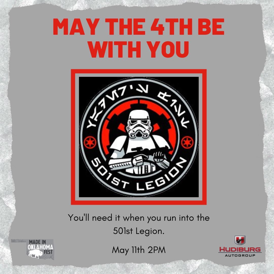 Stop by for a photo with your favorite Star Wars character on May 11th at 2pm. Presented by @501stLegion and @HudiburgAuto. #OKLAFest