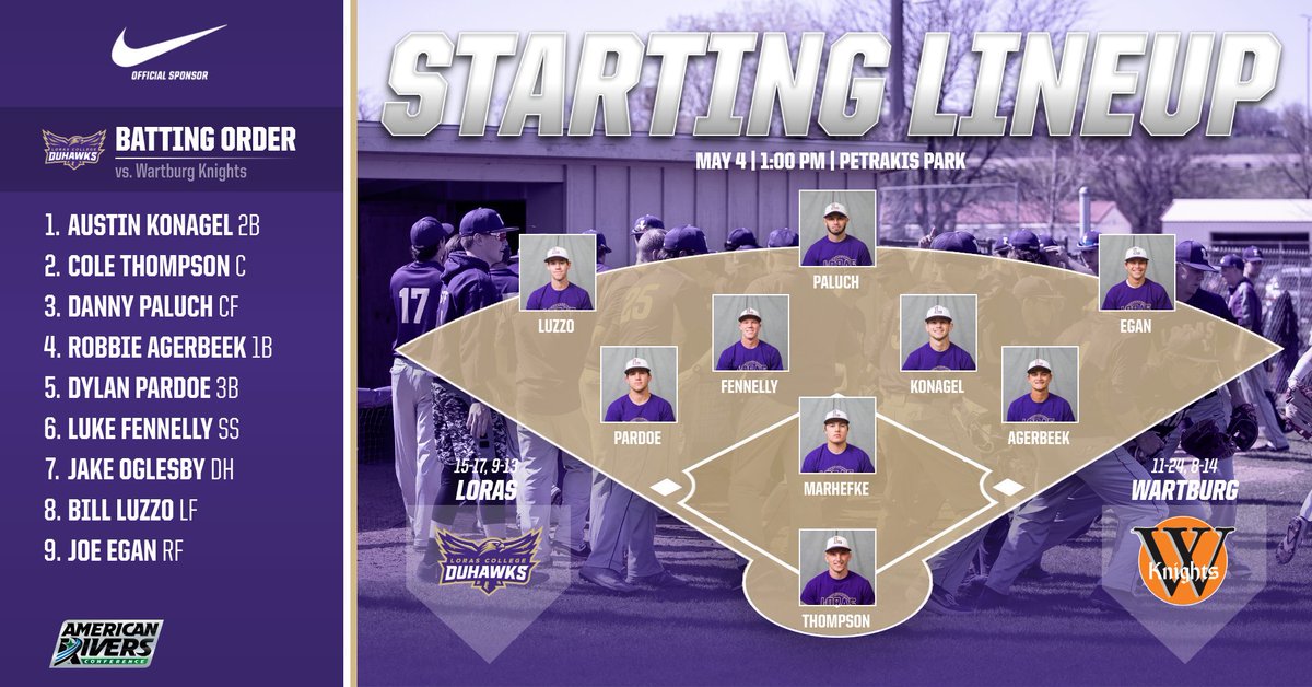 LorasBaseball's tweet photo. Here is the starting lineup for the Duhawks in game one of today's doubleheader. // #GoDuhawks #rollriversBAS #d3b https://t.co/CqQjGIc0ev