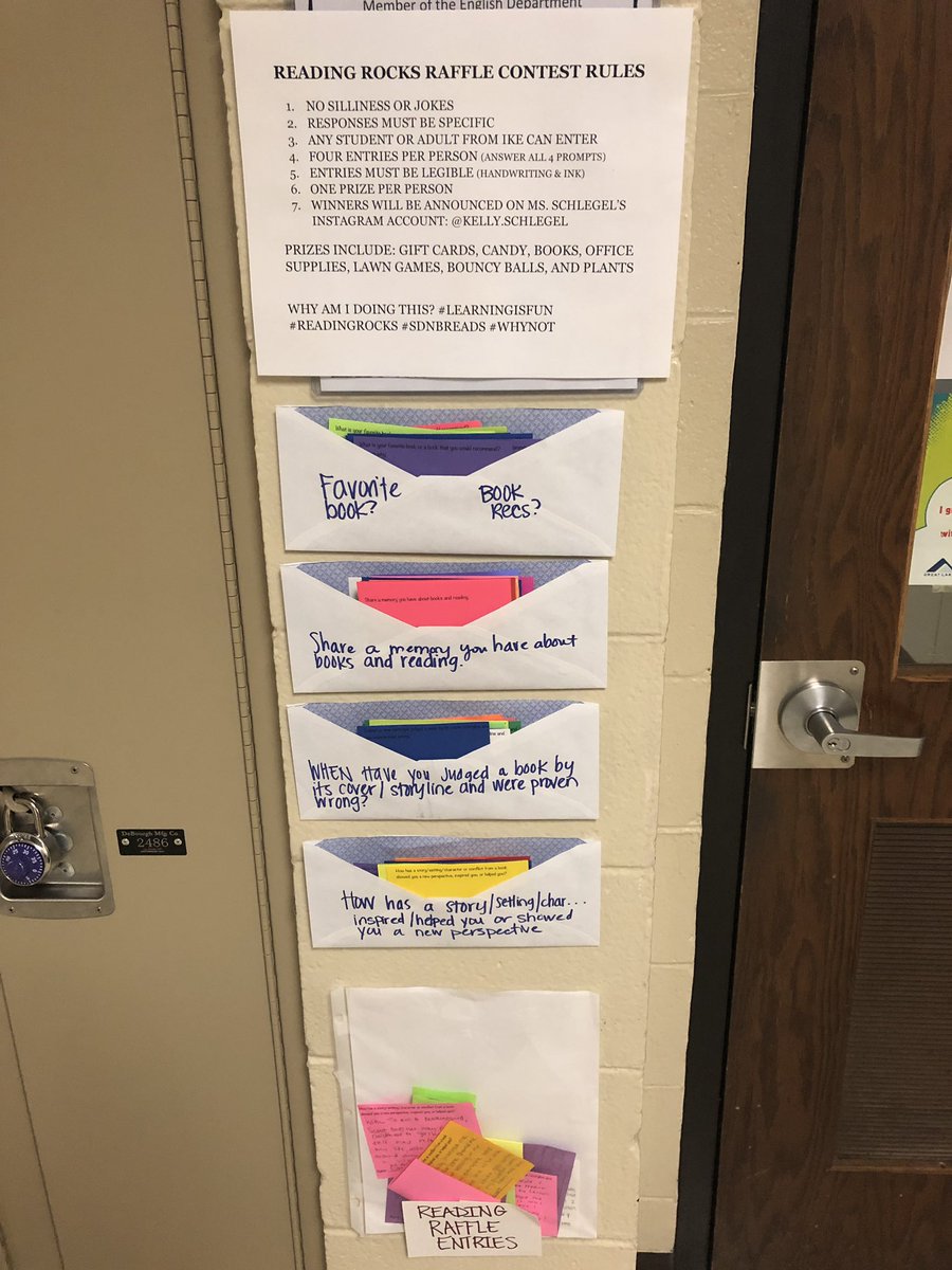 Ms_Schlegel's tweet photo. My reading raffle was so much fun!! I loved reading what you wrote! I’m drawing the winners this weekend so we can make the bulletin board this week #readingrocks #learningisfun #readingiscool #sdnbreads #readingmemories #stories https://t.co/X8kvtH6yhe