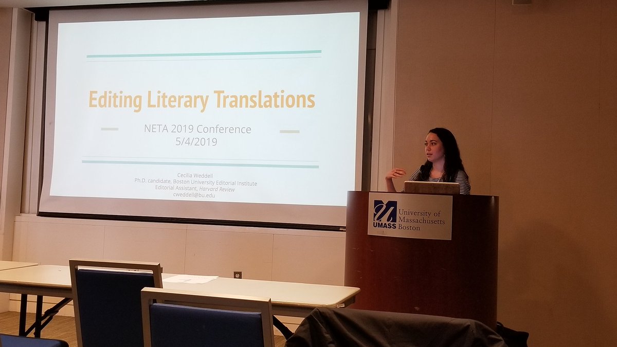 NETAtrans's tweet image. Thank you, @CCWeddell, Editorial Assistant for @Harvard_Review, for presenting Editing Literary Translations at #NETAconf2019.
#Translation #editing #translator
