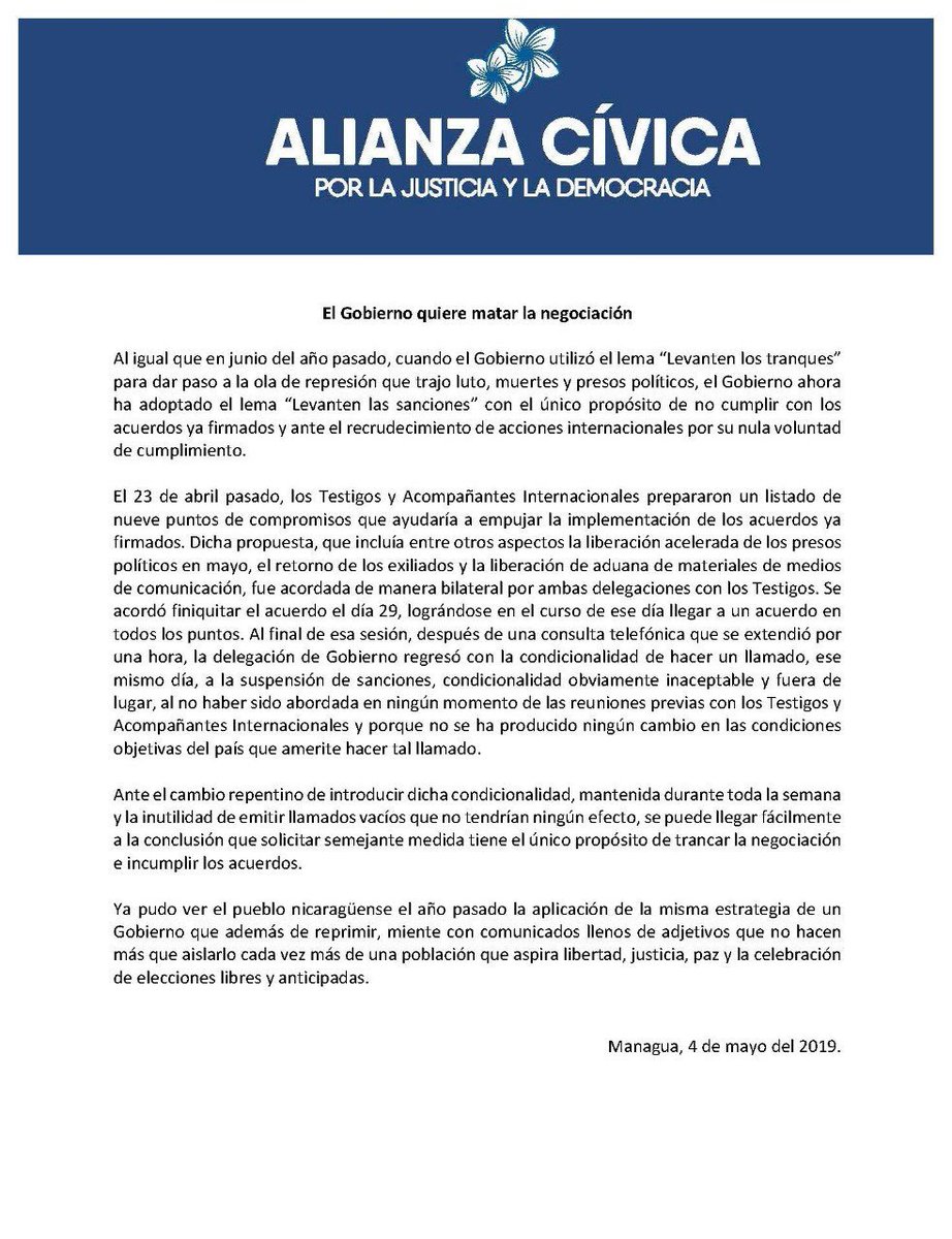 Jschamorrog's tweet photo. “Al igual que en junio del 2018, el Gobierno utilizó el lema “Levanten los tranques” para dar paso a la ola de represión que trajo luto, muertes y presos políticos, ahora ha adoptado el lema “Levanten las sanciones” con el único propósito de no cumplir con los acuerdos.” ACJD https://t.co/Kit8SYMjUy