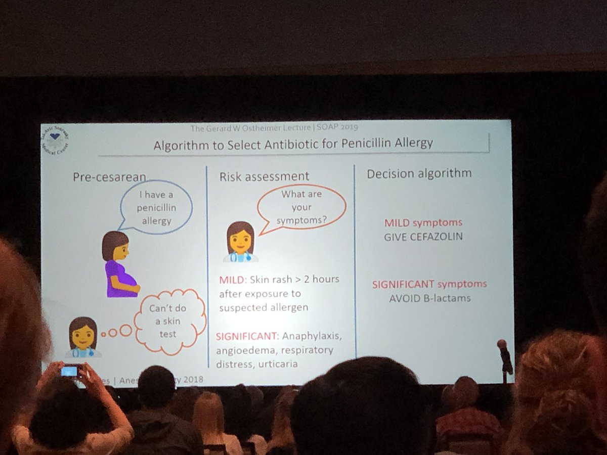 RPompeianMD's tweet image. “I have a penicillin allergy”. Dr. @CarolynWeiniger informs that 1️⃣ Only ~5% of pts have a true allergy, and 2️⃣ Second line abx have ⬇️ outcomes 👉🏼 Use decision algorithm to do risk/benefit of giving first line cephalosporin #SOAPAM2019 #OBAnes