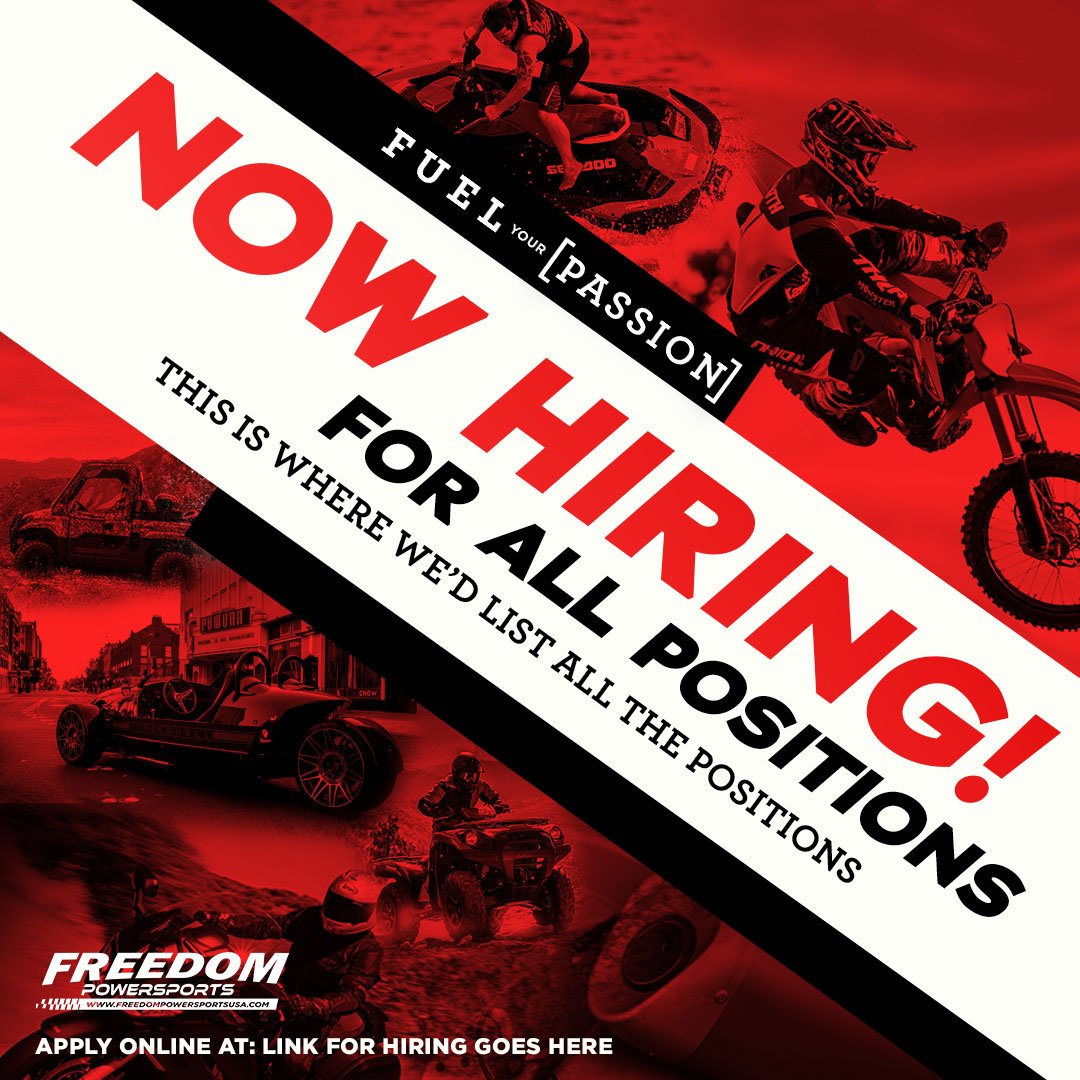 Did you know...WE ARE HIRING?!? Click the link to apply!

freedompowersportsusa.com/nowhiring