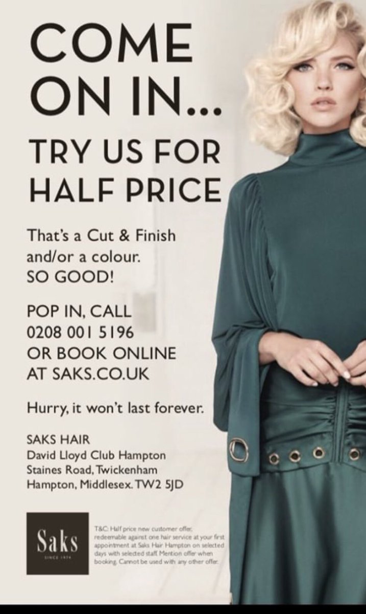 Looking to get your hair cut and or coloured? Spent too much already from pay day last week? If you’ve answered yes &amp; yes, head down to the half price colour/cut sale at Saks Hair Salon at David Lloyd in Hampton. #twtastic #haircut #halfprice #getbooking #coloursale #hampton