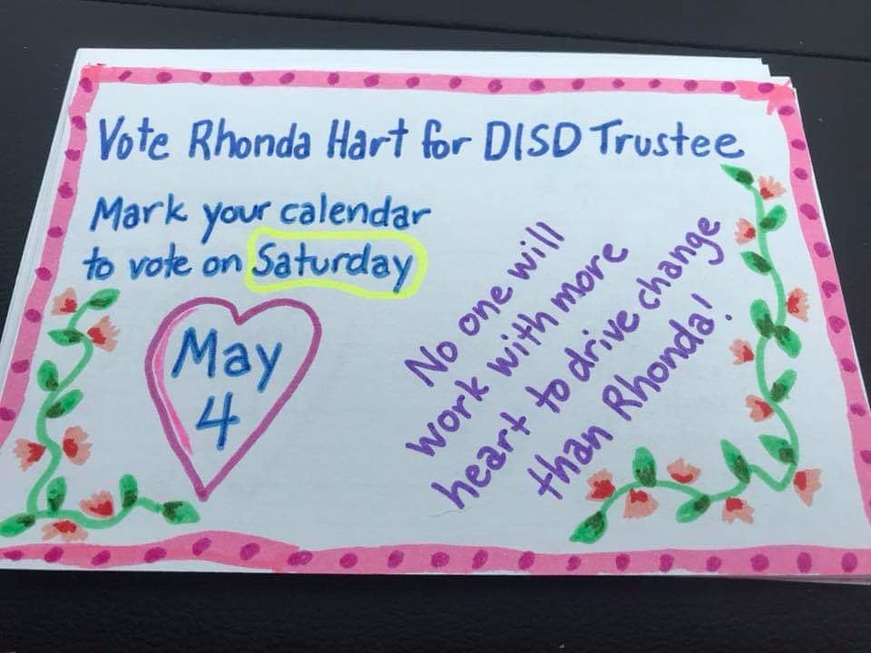 miracleguppy's tweet photo. 💥DICKINSON ISD TEXAS PEEPS GO VOTE NOW💥
✔🗳 Vote TODAY SAT 5/4 ✔🗳
💥RHONDA HART💥
#VoteWithYourHart #DriveChange #PostcardsToVoters #EveryVoteMatters https://t.co/JQrnWrwH2u